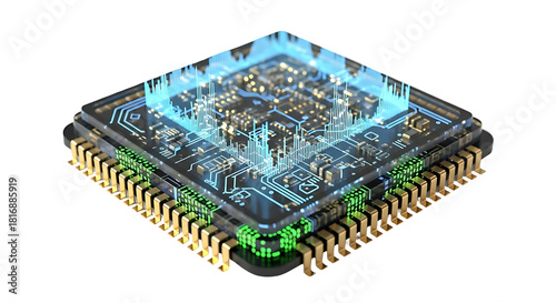 Advanced Microchip with Glowing Circuitry and Data Flow.