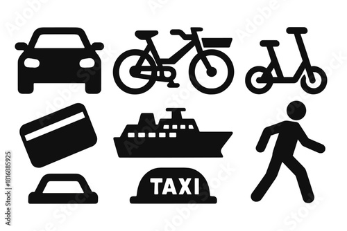 Urban Mobility Icons. Urban Mobility Modes silhouette icon set: rideshare car, e-bike, cargo bike, electric scooter, metro card, ferry silhouette, taxi light, pedestrian figure
