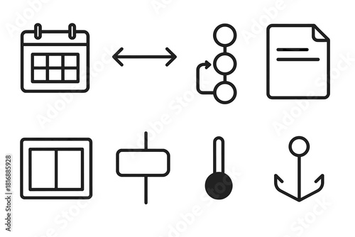 Dynamic Time Management. Responsive Time Planning linear icon set: modular calendar tile, adjustable span bar, flow arrow, task cluster node, flexible appointment card, focus