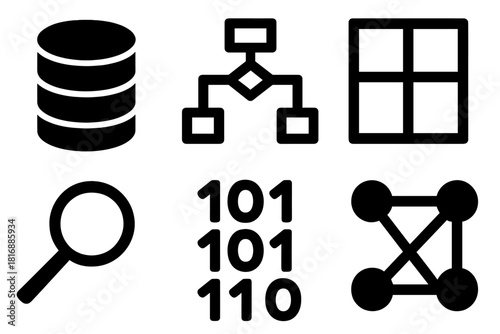 Brutalist Data Icons. Data segmentation silhouette icon set. database cylinder, flowchart, divided squares, magnifier, binary code, connected dots.