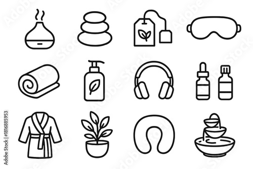Relaxation Essentials Icons. Relaxation Essentials linear icon set: aromatherapy diffuser, massage stones, herbal tea bag, calming eye mask, plush towel, soothing lotion bottle