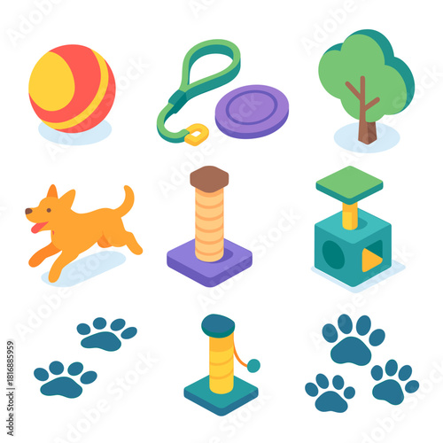 Playful Pet Icons. Exercise and Play flat icons set. ball, leash, frisbee, park tree, running dog, scratching post, climbing toy, paw trail