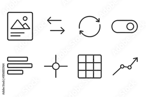 Flow Interaction Icons. Dynamic Interaction Flow Elements linear icon set: scenario cards, option arrows, feedback loop, sliding toggle, sequence bar, clarity point, adaptive grid