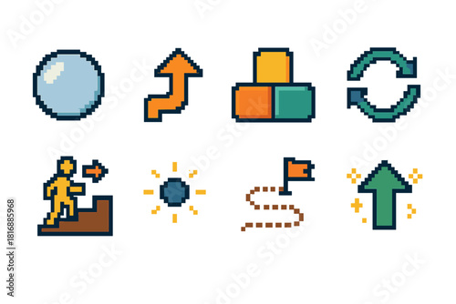 Personal Growth Icons. Personal Growth Pathways pixel style icon set: reflective bubble, curiosity arrow, skill blocks, practice loop, guided step icon, insight dot, learning trail