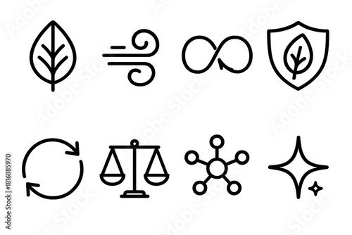 Sustainable Tech Icons. Sustainable tech innovation symbols linear icon set: harmony leaf, clean air swirl, sustainability loop, eco shield, regeneration arrow, balanced scale