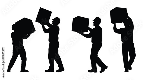 Workers carrying boxes silhouettes isolated on white background, Vector