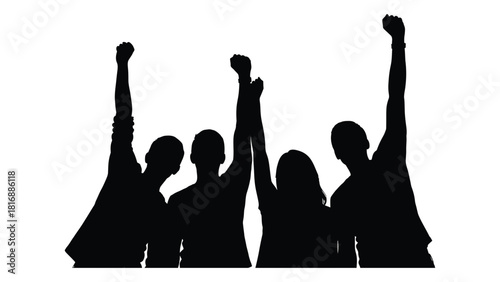 United group with raised fists silhouette isolated on white background, Vector