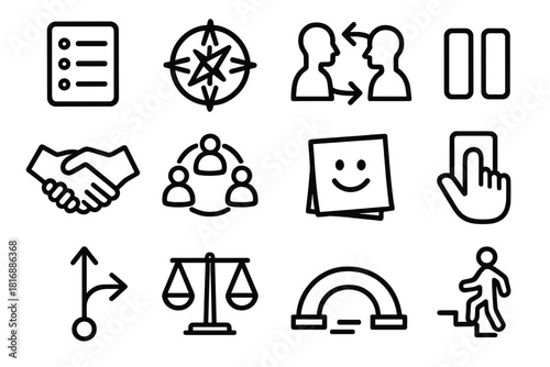 Social Icons Compilation. Social Flexibility Set linear icon set: option list, situational compass, communication arrows, pause symbol, respect handshake, group circle, comfort