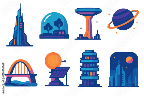 Futuristic Cityscape Icons. Sci-Fi Architecture Set flat icon set: megacity tower, bio-dome, sky platform, orbital ring, luminous bridge, solar hub, vertical habitat, space-view