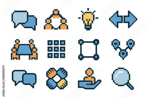 Community Icon Set. Collaborative Community Exchange pixel style icon set: meeting bubble, group circle, idea spark, cooperation arrow, shared table, alignment grid, connected dots