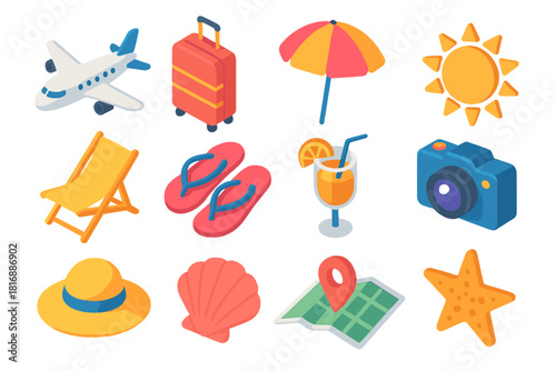 Summer Travel Icons. Summer Getaway flat icons set. airplane, luggage, umbrella, sun, beach chair, flip-flops, drink, camera, hat, shell, map, starfish