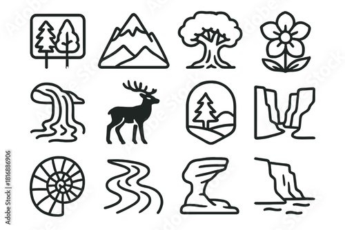 Nature Heritage Icons. Natural Heritage Icons linear icon set: protected forest, sacred mountain, ancient tree, rare flower, flowing spring, wildlife silhouette, nature preserve