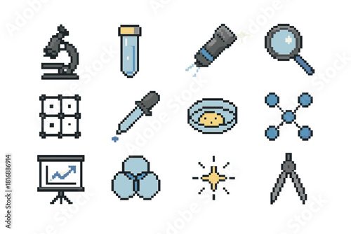 Scientific Exploration Icons. Scientific Exploration Icons pixel style icon set: research microscope, specimen vial, discovery beam, analysis lens, exploration grid, probe tool