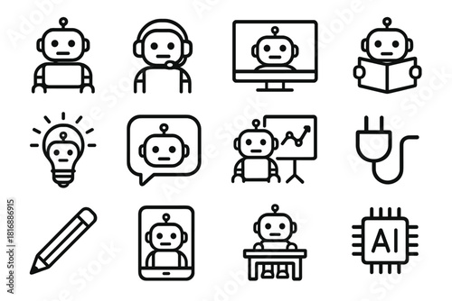 Robotic Learning Icons. Learning Assistant Robots Icons linear icon set: robot, headset, screen, book, light bulb, speech bubble, chart, plug, pencil, tablet, desk, AI chip