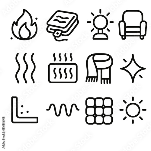 Cozy Warmth Icons. Cozy Warmth Elements linear icon set: soft fire glow, heated blanket, warm light orb, comforting seat symbol, gentle steam icon, radiant comfort bar, cozy wrap