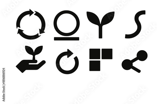 Bold Environmental Icons. Environmental Storytelling Concepts silhouette icon set: ecosystem loop, balance circle, growth sprout, harmony curve, stewardship hand, renewal arrow