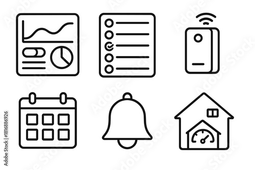Digital Home Dashboard. Digital Home Management Set linear icon set: dashboard panel, task list, smart device icon, calendar, reminder bell, home overview