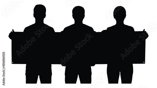Three silhouettes holding a blank banner isolated on white background, Vector