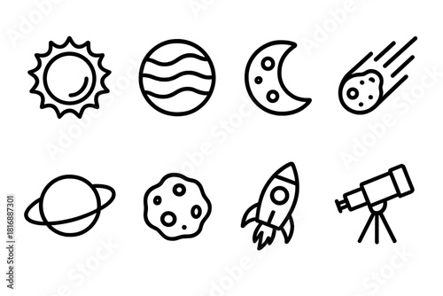 Solar System Icons. Solar System linear icon set: sun, planet, moon, comet, asteroid, orbit ring, rocket, telescope
