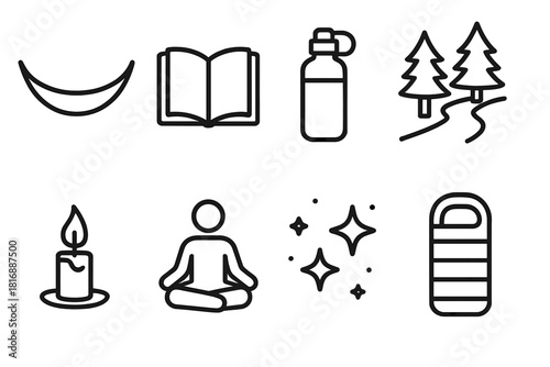 Mindful Solo Journey Icons. Mindful Solo Trips linear icon set. hammock, book, water bottle, forest path, candle, meditation pose, stars, sleeping bag
