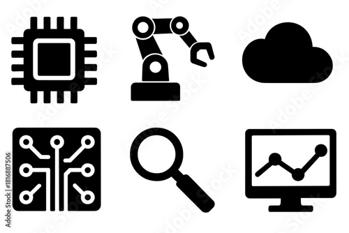 Brutalist Tech Icons. Technology Research silhouette icon set. computer chip, robot arm, monitor, cloud, circuit board, magnifying glass, gear, data chart.
