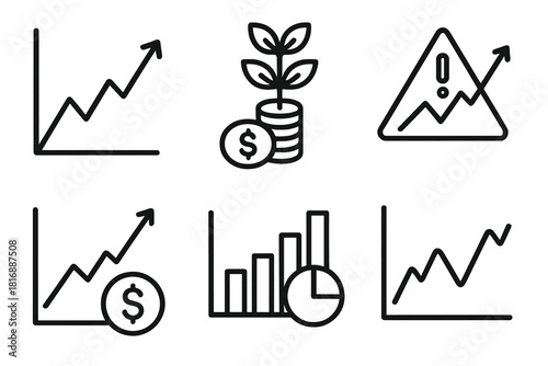 Financial Icons Overview. Financial Projection linear icon set: stock trend, investment growth, risk indicator, profit forecast, portfolio chart, economic trend