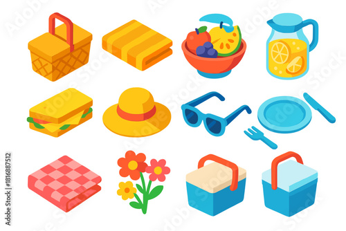 Summer Picnic Essentials. Summer picnic essentials flat icons set. picnic basket, blanket, fruit bowl, lemonade jar, sandwich, sun hat, sunglasses, plate, fork and knife, checkered