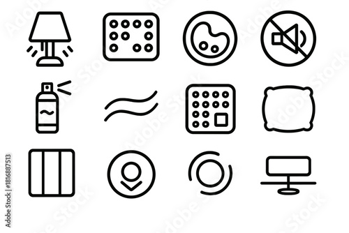 Sensory Icons Collection. Sensory-Aware Environment linear icon set: warm glow lamp, texture-friendly mat, soft-tone palette, quiet-signal badge, scent-control icon, gentle airflow