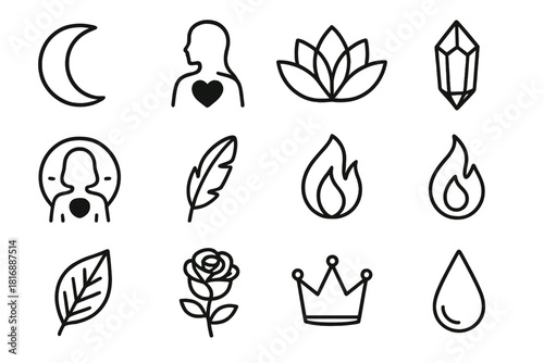 Inner Goddess Symbols. Inner goddess linear icon set. silhouette, crescent moon, glowing heart, lotus, crystal, aura ring, feather, flame, leaf, rose, crown, droplet