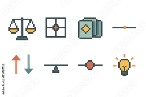 Strategic Balance Icons. Strategic Balance Decision Elements pixel style icon set: weighted chart, alignment grid, scenario cards, threshold line, risk–reward arrows, equilibrium