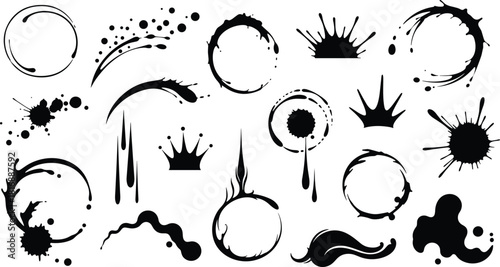 Black ink splatter, abstract brush stroke, coffee ring stain, dripping paint texture, grunge splash design, artistic blot elements