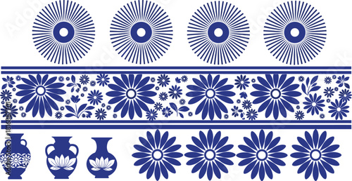 Blue floral decorative pattern, radial motifs, ceramic vase illustration, traditional ornament design, textile border art, symmetrical vintage elements, cultural artwork