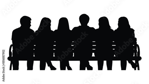 Six people sitting on a bench silhouette isolated on white background, Vector