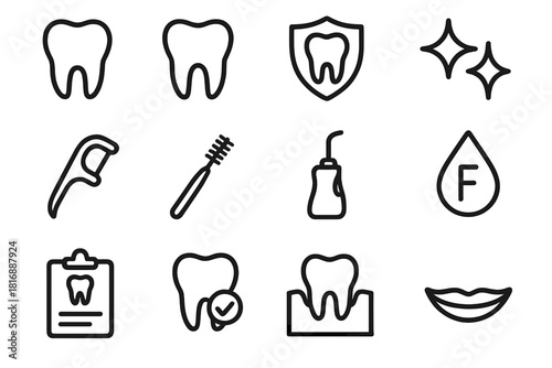 Dental Care Icons. Dental Care Icons linear icon set: tooth, molar, enamel shield, sparkle shine, floss pick, interdental brush, water flosser, fluoride drop, dental chart, clean