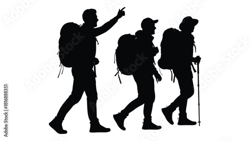Three hikers silhouettes with backpacks isolated on white background, Vector
