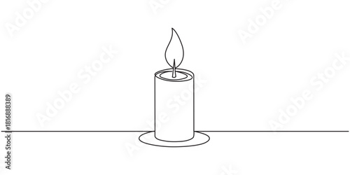 Continuous one line drawing of a Christmas candle and leaves, representing soothing natural light, line art style vector illustration. Continuous one line drawing of a candle with flame blending into