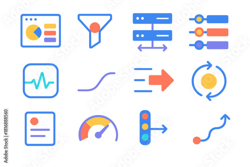 Digital Optimization Icons. Digital Process Optimization Collection flat icon set: system dashboard, bottleneck marker, load balancer, data pipeline, performance pulse, streamlined