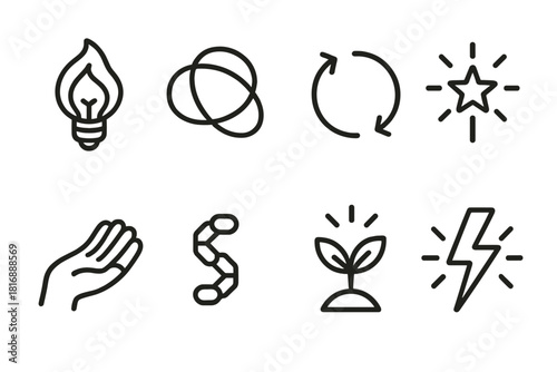 Creative Resilience Icons. Creative Resilience linear icon set: idea ember, sketch loop, rework arrows, inspiration flicker, concept rebuild icon, patient hand, persistence symbol