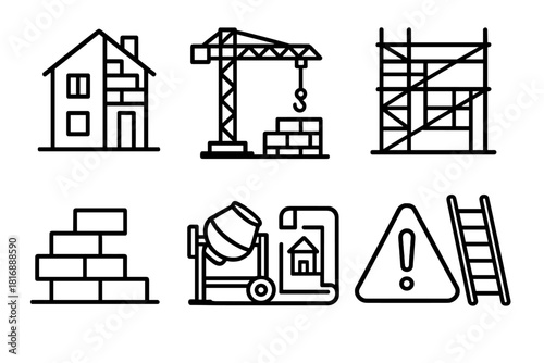 Unfinished Construction Icons. Unfinished buildings concept linear icon set: half-built house, construction crane, scaffolding, bricks, concrete mixer, blueprint, ladder, warning