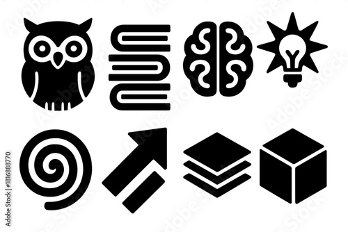 Knowledge Symbols Icons. Knowledge symbols silhouette icon set: wisdom owl, stacked books, abstract brainwave, insight star, curiosity swirl, learning arrow, layered pages, concept