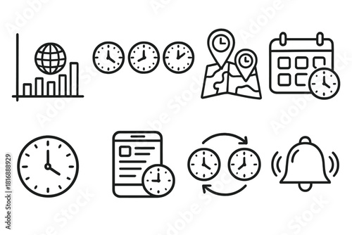Time Management Icons. Time Zone Management set of icons in doodle hand-drawn vector style. global time chart, city clocks, map pins, calendar planner, clock face, digital schedule