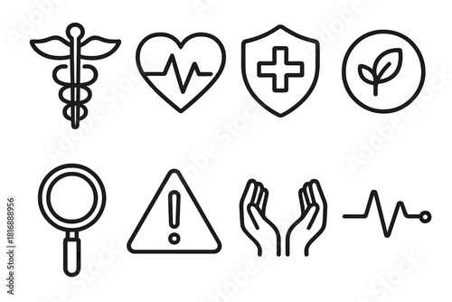 Medical Icon Set. Medical symbols linear icon set: caduceus-free staff shape, heartbeat icon, shield with cross, wellness circle, diagnostic lens, alert triangle, care hands, pulse