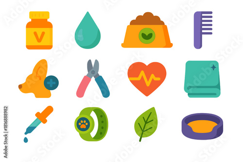 Pet Care Icons. Pet Health Essentials flat icon set: vitamin bottle, clean water droplet, balanced meal icon, grooming comb, ear check symbol, nail trim tool, wellness heart