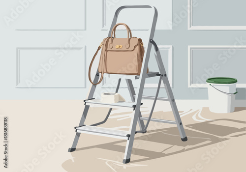 A beige handbag resting on a stepladder in a room undergoing renovation, contrasting luxury fashion with construction work.