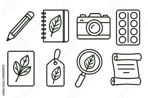 Botanical Storytelling Icons. Botanical storytelling tools linear icon set: sketch pencil, field notebook, camera, nature palette, pressed leaf, plant tag, magnifying glass, story
