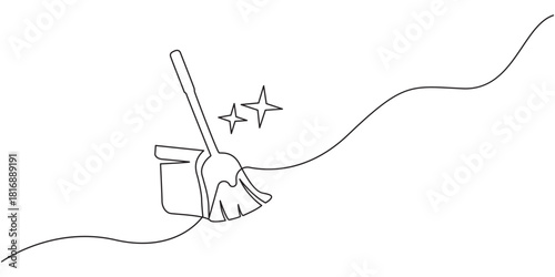 Continuous one line drawing of a broom, simple cleaning tool illustration for home hygiene and housekeeping design concepts vector Illustration.