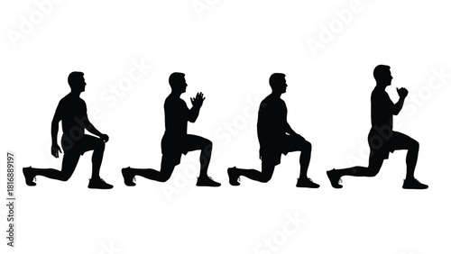 Lunge exercise progression silhouette isolated on white background, Vector