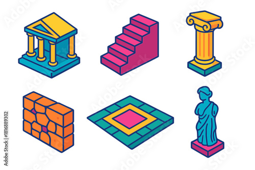 Isometric Heritage Icons. Architecture & Heritage flat icon set: temple, staircase, column, stone wall, plaza, sculpture