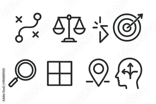 Strategic Icons Visualization. Strategic Analytical Thinking linear icon set: roadmap nodes, priority scale, outcome arrow, analysis lens, planning grid, strategic marker, clarity