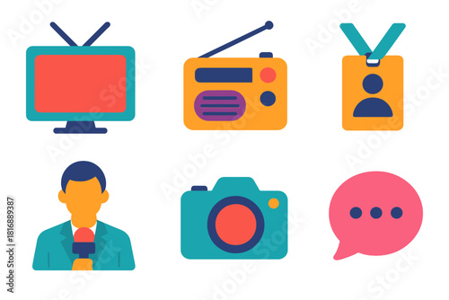 Modern News Media Icons. News Media Set flat icon set: TV screen, radio, press badge, reporter figure, camera, speech bubble